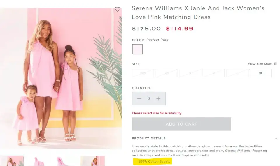 4. Serena vende ropa "100% algodón"