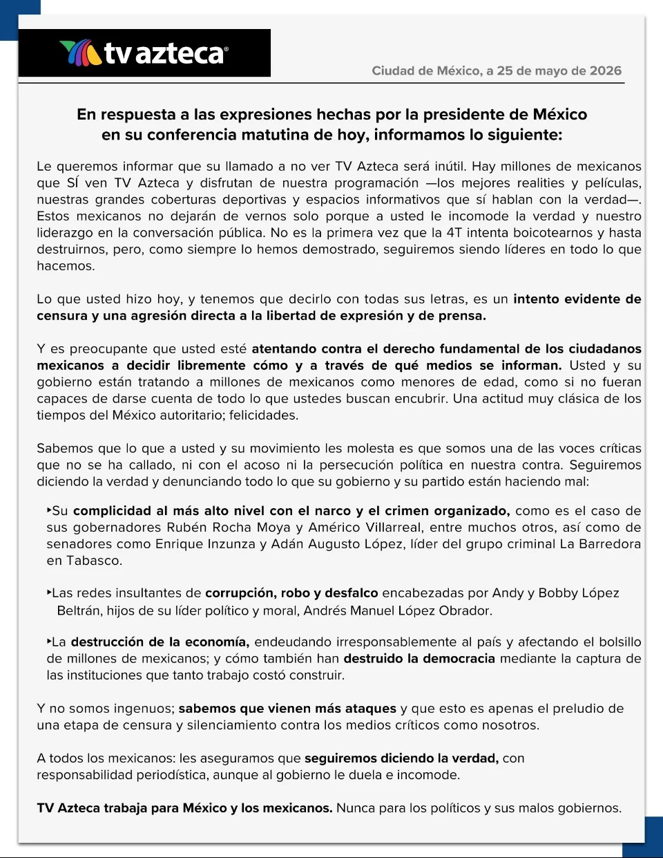 6. TV Azteca le contestó a la presidenta
